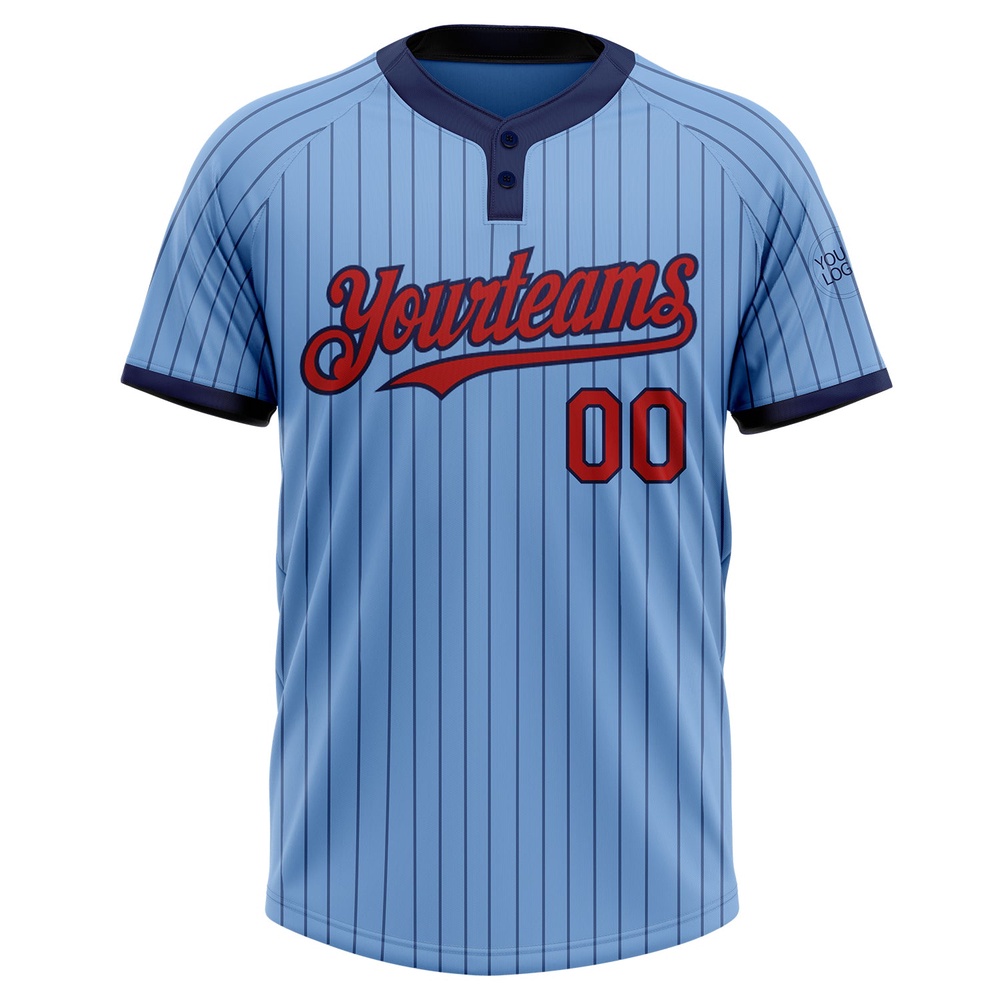 Light Blue Navy Pinstripe Red Two Button Unisex Softball Jersey, Custom Team Softball Jersey Light Blue Navy Pinstripe Red Two Button Unisex Softball Jersey, Custom Team Softball Jersey