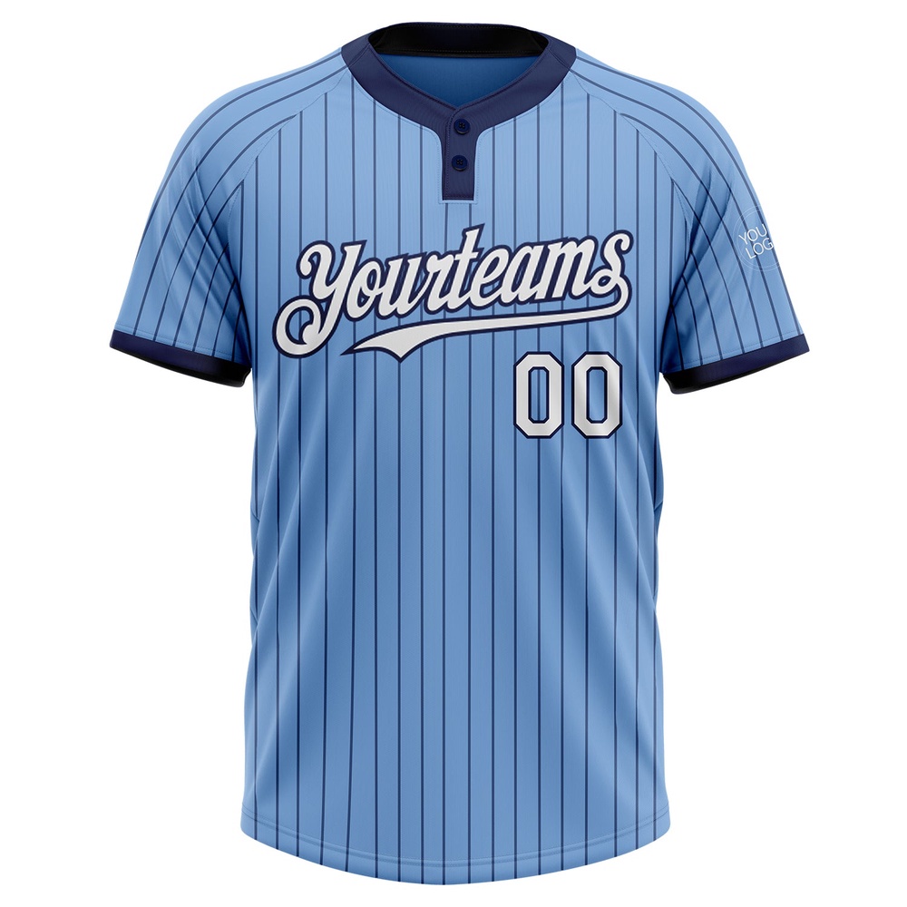 Light Blue Navy Pinstripe White Two Button Unisex Softball Jersey, Custom Team Softball Jersey