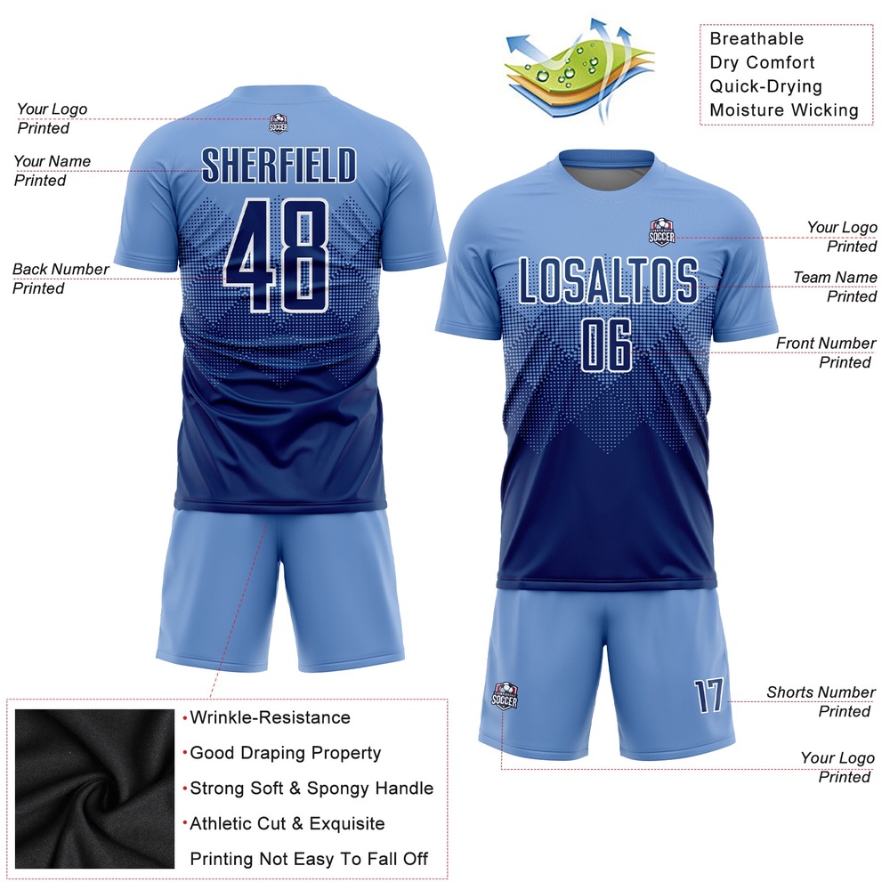 Light Blue Navy White Sublimation Soccer Uniform Jersey, Custom Team Soccer Jersey Shirt Light Blue Navy White Sublimation Soccer Uniform Jersey, Custom Team Soccer Jersey Shirt