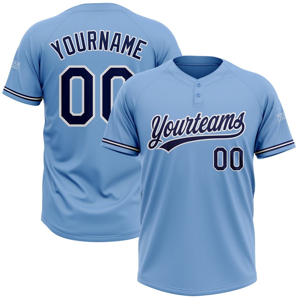Light Blue Navy White Two Button Unisex Softball Jersey, Custom Team Softball Jersey