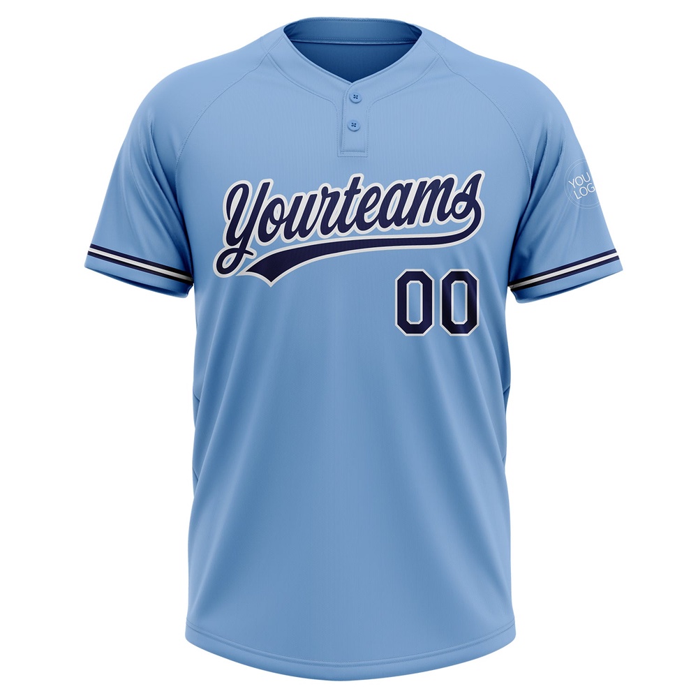 Light Blue Navy White Two Button Unisex Softball Jersey, Custom Team Softball Jersey