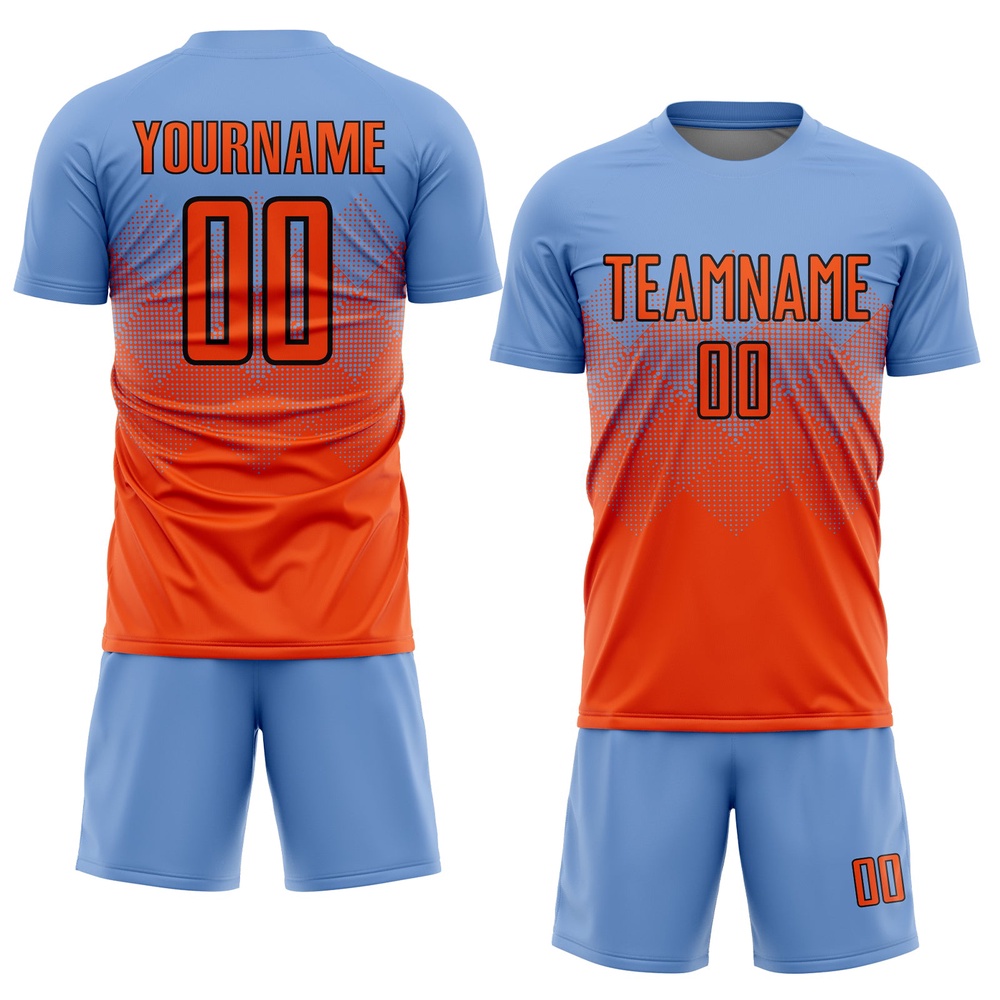 Light Blue Orange Black Sublimation Soccer Uniform Jersey, Custom Team Soccer Jersey Shirt Light Blue Orange Black Sublimation Soccer Uniform Jersey, Custom Team Soccer Jersey Shirt