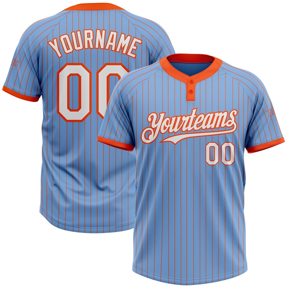 Light Blue Orange Pinstripe White Two Button Unisex Softball Jersey, Custom Team Softball Jersey Light Blue Orange Pinstripe White Two Button Unisex Softball Jersey, Custom Team Softball Jersey