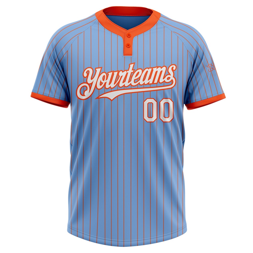 Light Blue Orange Pinstripe White Two Button Unisex Softball Jersey, Custom Team Softball Jersey Light Blue Orange Pinstripe White Two Button Unisex Softball Jersey, Custom Team Softball Jersey