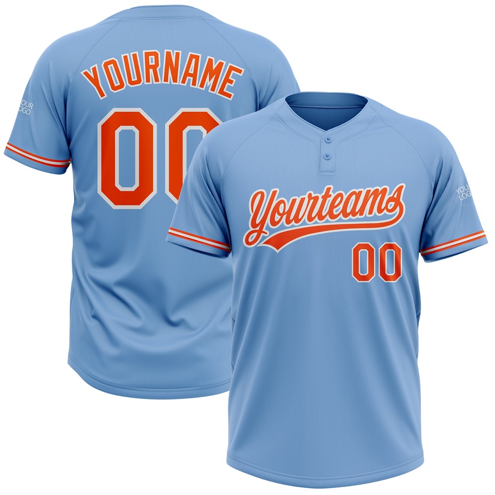 Light Blue Orange White Two Button Unisex Softball Jersey, Custom Team Softball Jersey