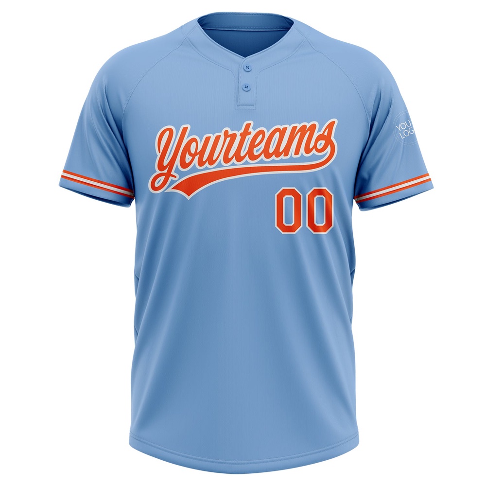 Light Blue Orange White Two Button Unisex Softball Jersey, Custom Team Softball Jersey