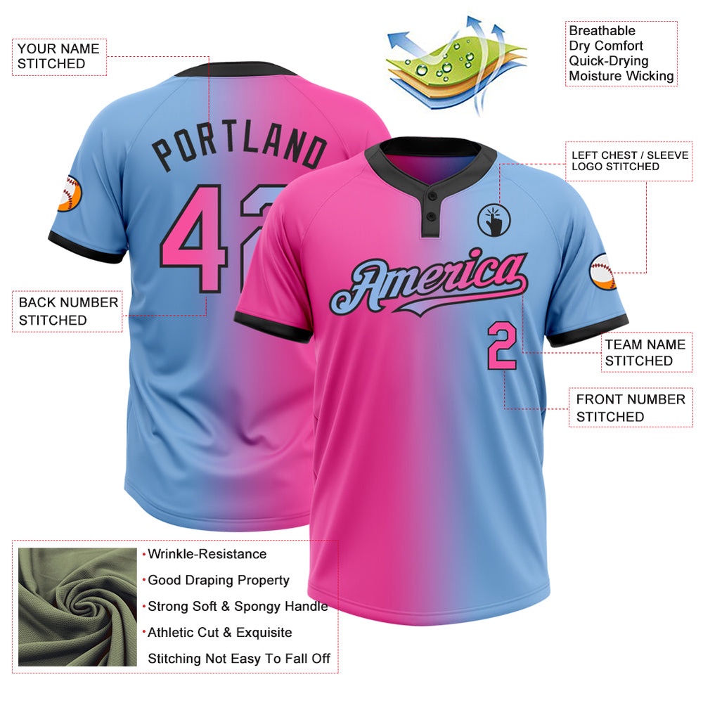 Light Blue Pink Black Gradient Fashion Two Button Unisex Softball Jersey, Custom Team Softball Jersey