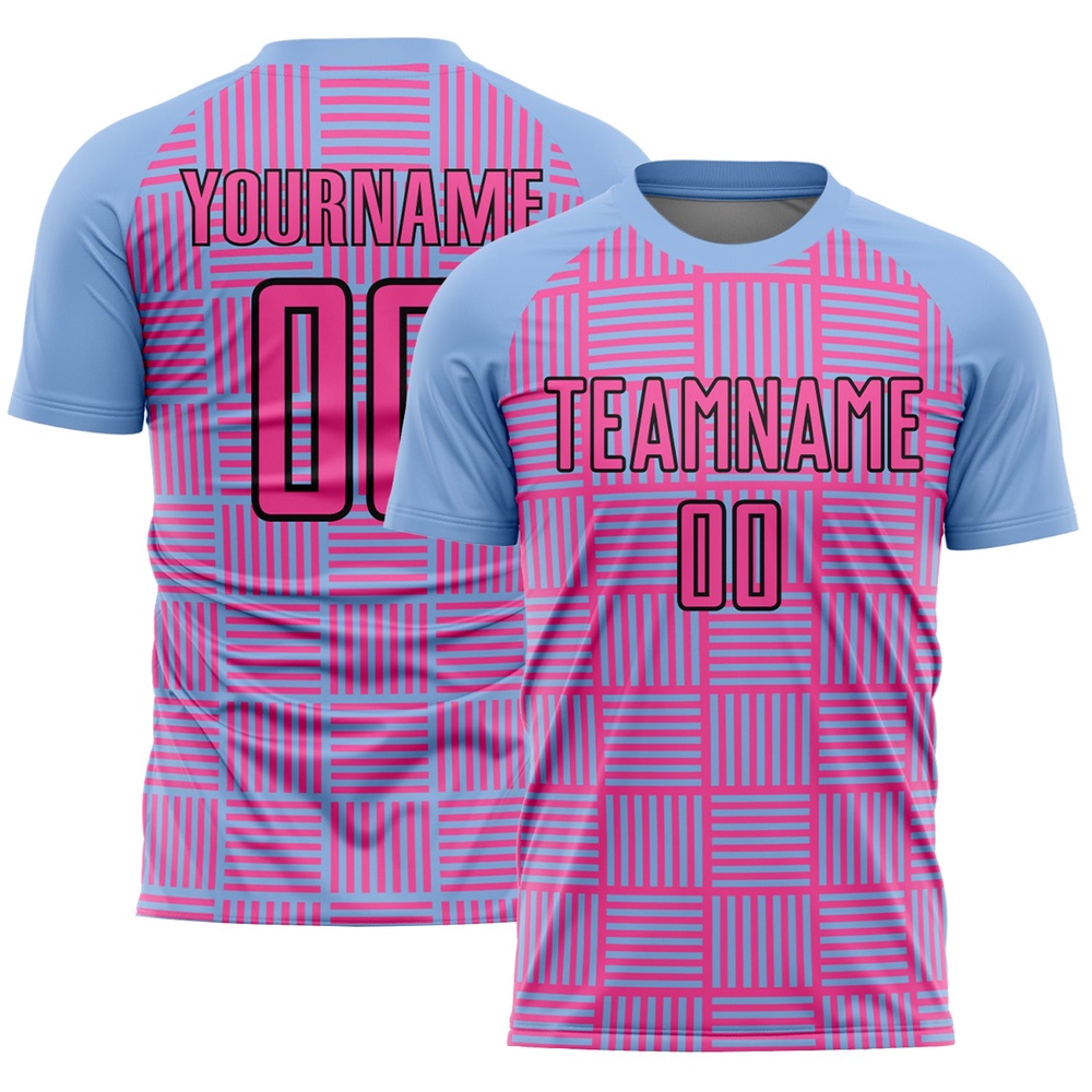 Light Blue Pink Black Lines Sublimation Soccer Uniform Jersey, Custom Team Soccer Jersey Shirt Light Blue Pink Black Lines Sublimation Soccer Uniform Jersey, Custom Team Soccer Jersey Shirt