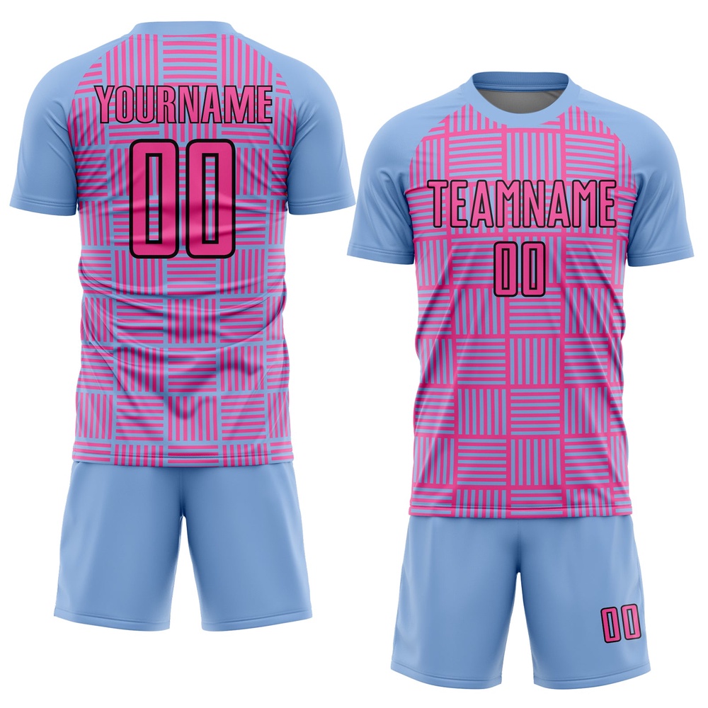 Light Blue Pink Black Lines Sublimation Soccer Uniform Jersey, Custom Team Soccer Jersey Shirt Light Blue Pink Black Lines Sublimation Soccer Uniform Jersey, Custom Team Soccer Jersey Shirt