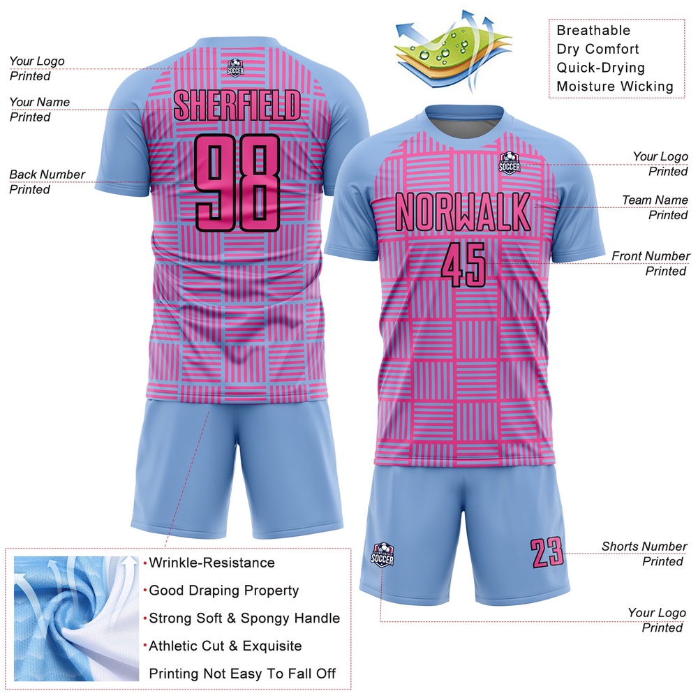 Light Blue Pink Black Lines Sublimation Soccer Uniform Jersey, Custom Team Soccer Jersey Shirt Light Blue Pink Black Lines Sublimation Soccer Uniform Jersey, Custom Team Soccer Jersey Shirt