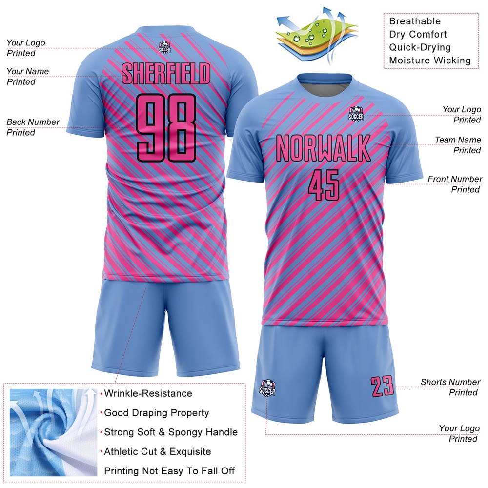 Light Blue Pink Black Slash Sublimation Soccer Uniform Jersey, Custom Team Soccer Jersey Shirt Light Blue Pink Black Slash Sublimation Soccer Uniform Jersey, Custom Team Soccer Jersey Shirt