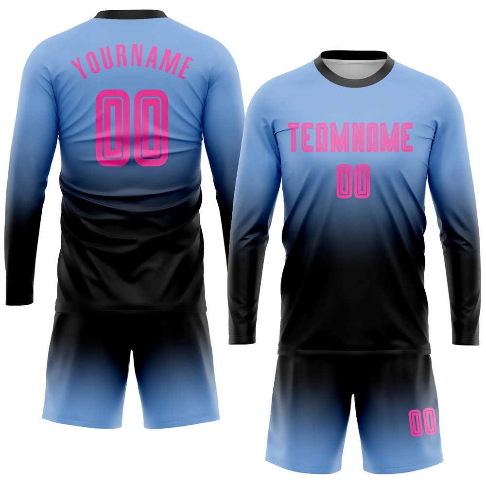 Light Blue Pink Black Sublimation Long Sleeve Fade Fashion Soccer Uniform Jersey, Custom Team Soccer Jersey Shirt