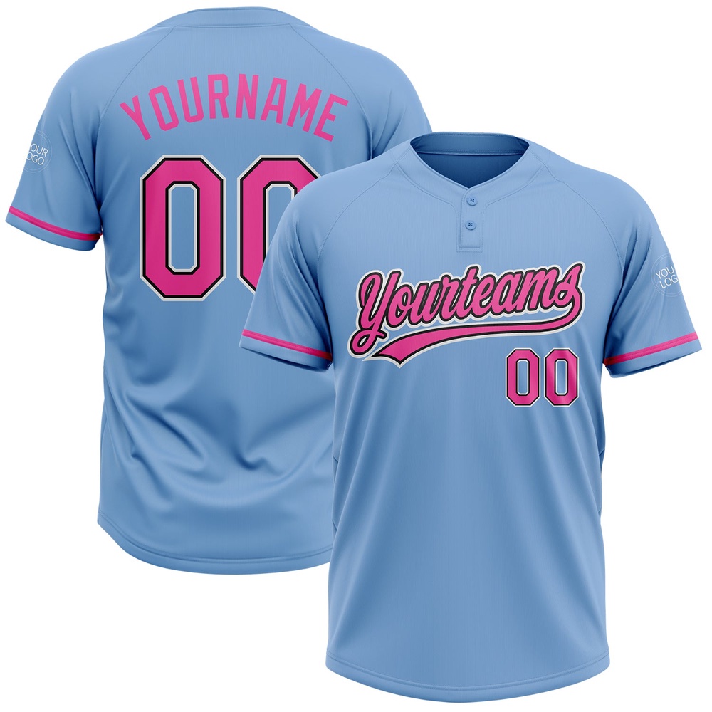 Light Blue Pink Black Two Button Unisex Softball Jersey, Custom Team Softball Jersey