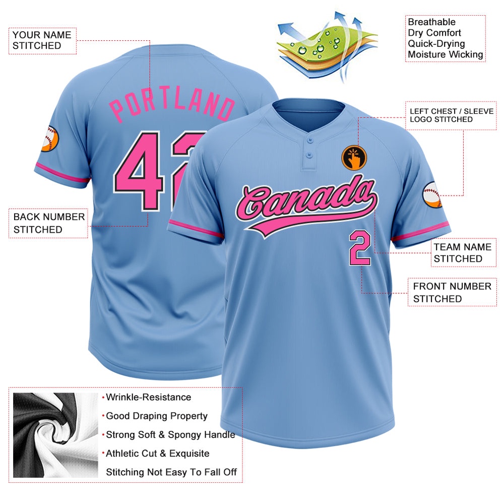 Light Blue Pink Black Two Button Unisex Softball Jersey, Custom Team Softball Jersey