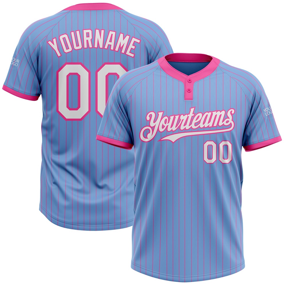 Light Blue Pink Pinstripe White Two Button Unisex Softball Jersey, Custom Team Softball Jersey Light Blue Pink Pinstripe White Two Button Unisex Softball Jersey, Custom Team Softball Jersey