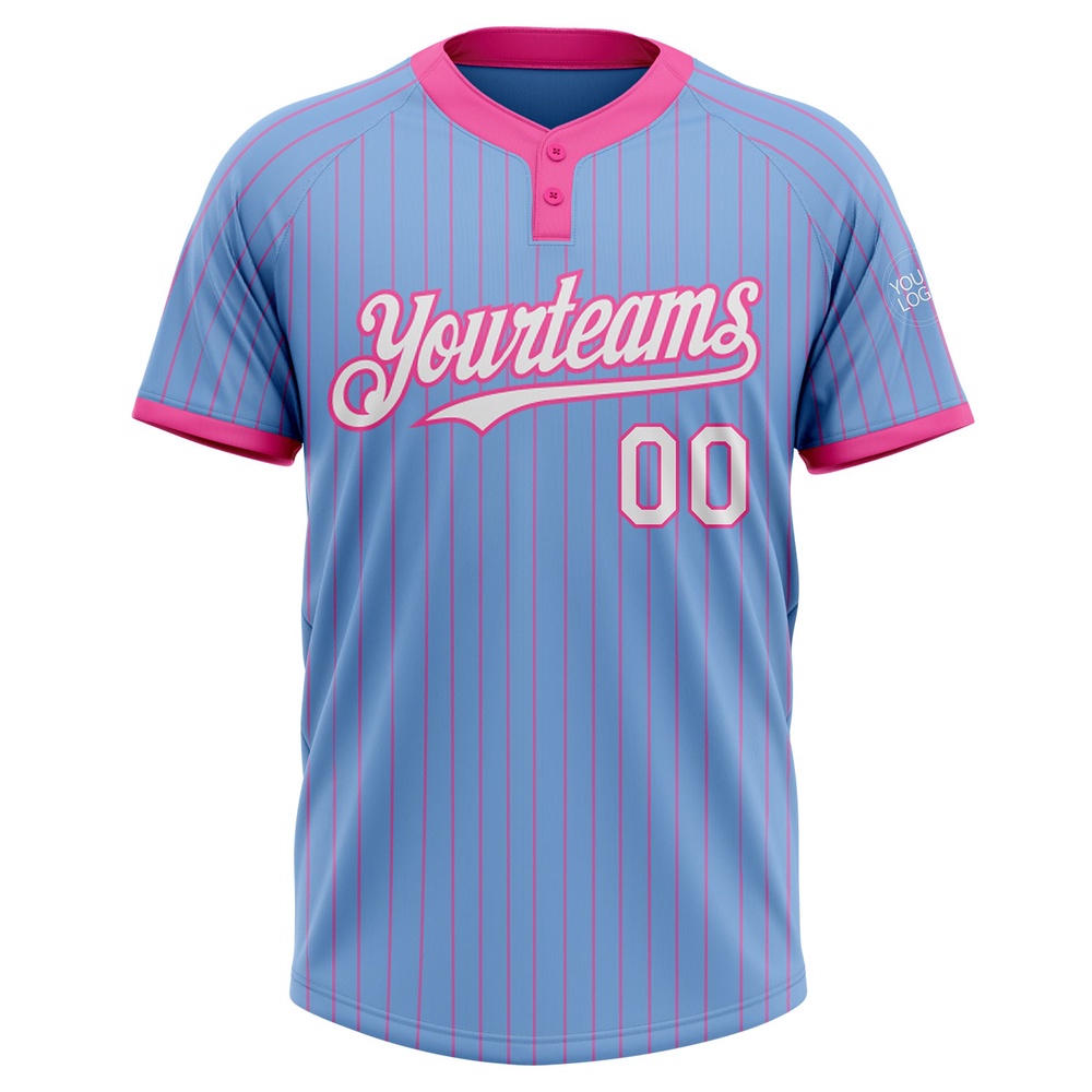 Light Blue Pink Pinstripe White Two Button Unisex Softball Jersey, Custom Team Softball Jersey Light Blue Pink Pinstripe White Two Button Unisex Softball Jersey, Custom Team Softball Jersey