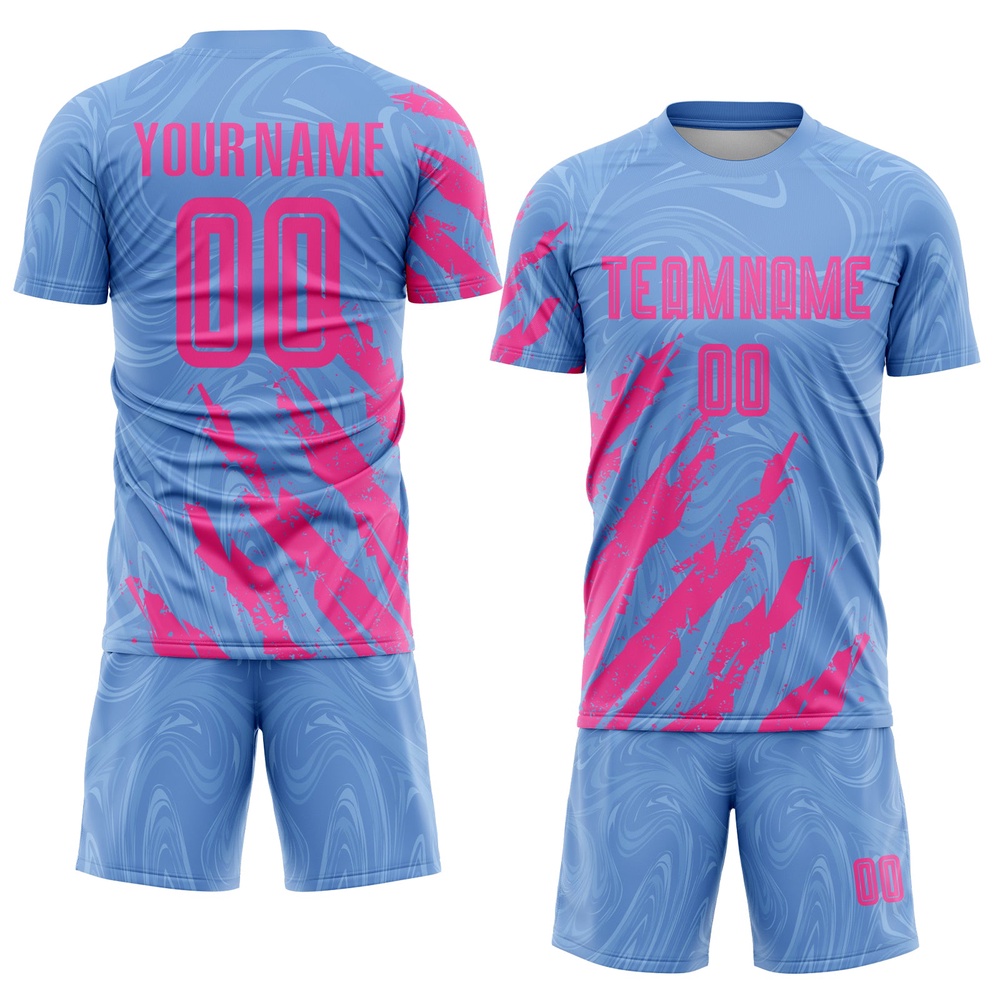 Light Blue Pink Sublimation Soccer Uniform Jersey, Custom Team Soccer Jersey Shirt Light Blue Pink Sublimation Soccer Uniform Jersey, Custom Team Soccer Jersey Shirt