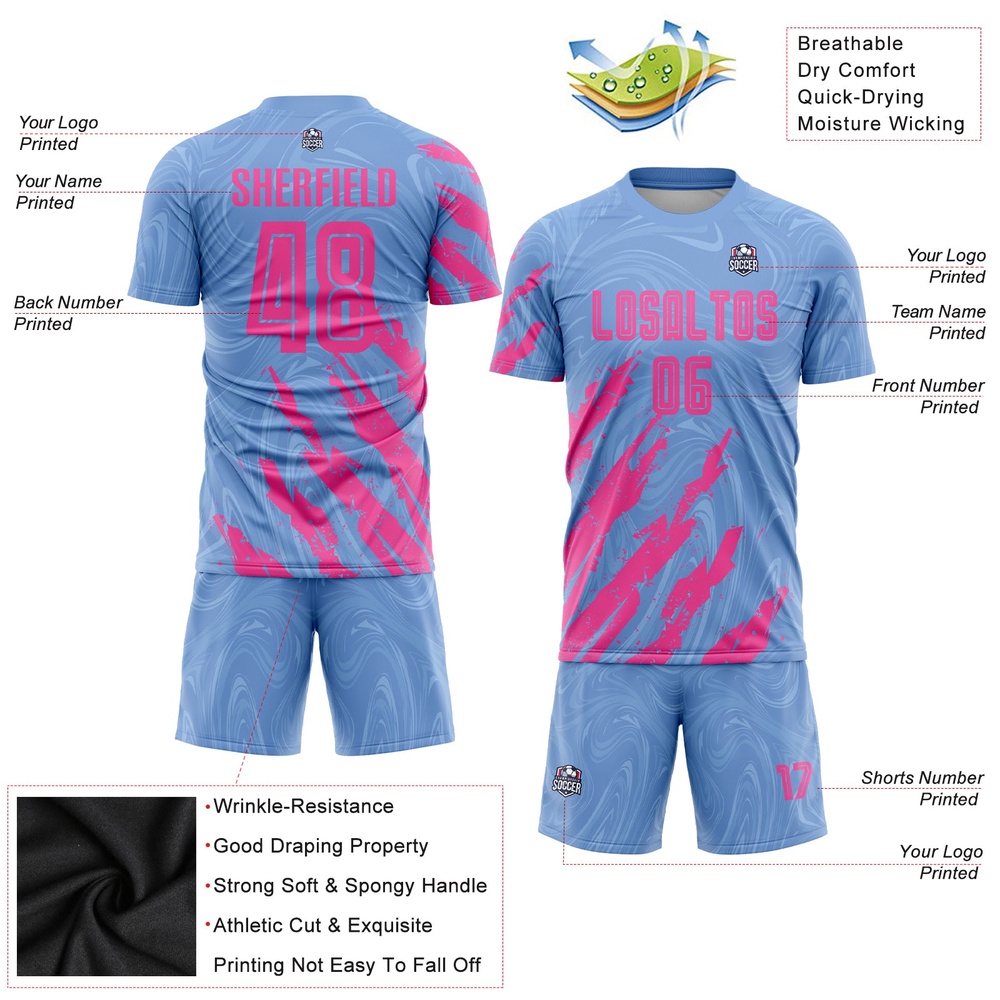 Light Blue Pink Sublimation Soccer Uniform Jersey, Custom Team Soccer Jersey Shirt Light Blue Pink Sublimation Soccer Uniform Jersey, Custom Team Soccer Jersey Shirt