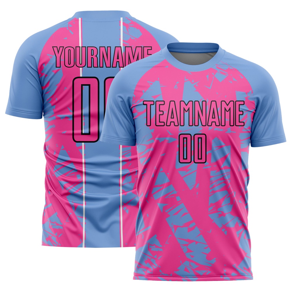 Light Blue Pink White Irregular Shapes Sublimation Soccer Uniform Jersey, Custom Team Soccer Jersey Shirt Light Blue Pink White Irregular Shapes Sublimation Soccer Uniform Jersey, Custom Team Soccer Jersey Shirt