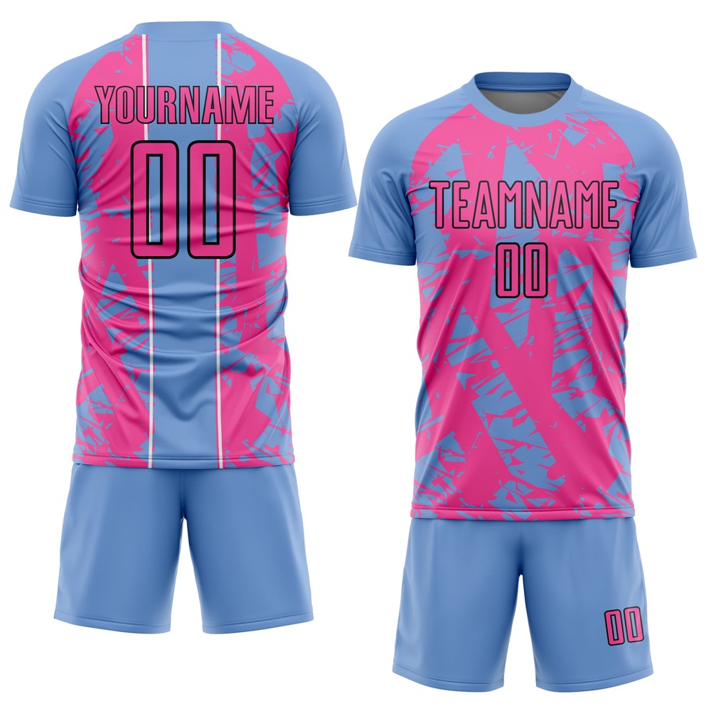 Light Blue Pink White Irregular Shapes Sublimation Soccer Uniform Jersey, Custom Team Soccer Jersey Shirt Light Blue Pink White Irregular Shapes Sublimation Soccer Uniform Jersey, Custom Team Soccer Jersey Shirt