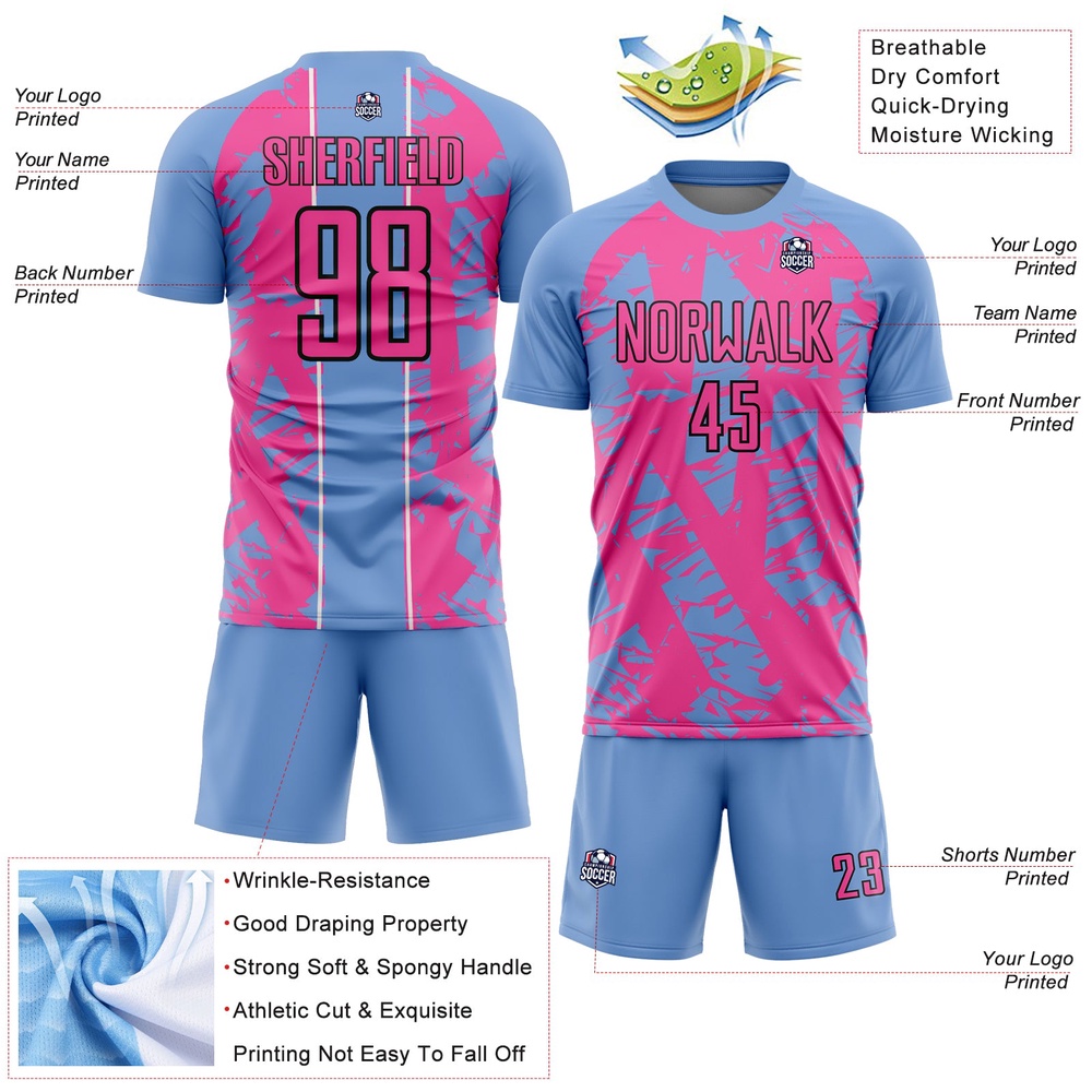 Light Blue Pink White Irregular Shapes Sublimation Soccer Uniform Jersey, Custom Team Soccer Jersey Shirt Light Blue Pink White Irregular Shapes Sublimation Soccer Uniform Jersey, Custom Team Soccer Jersey Shirt