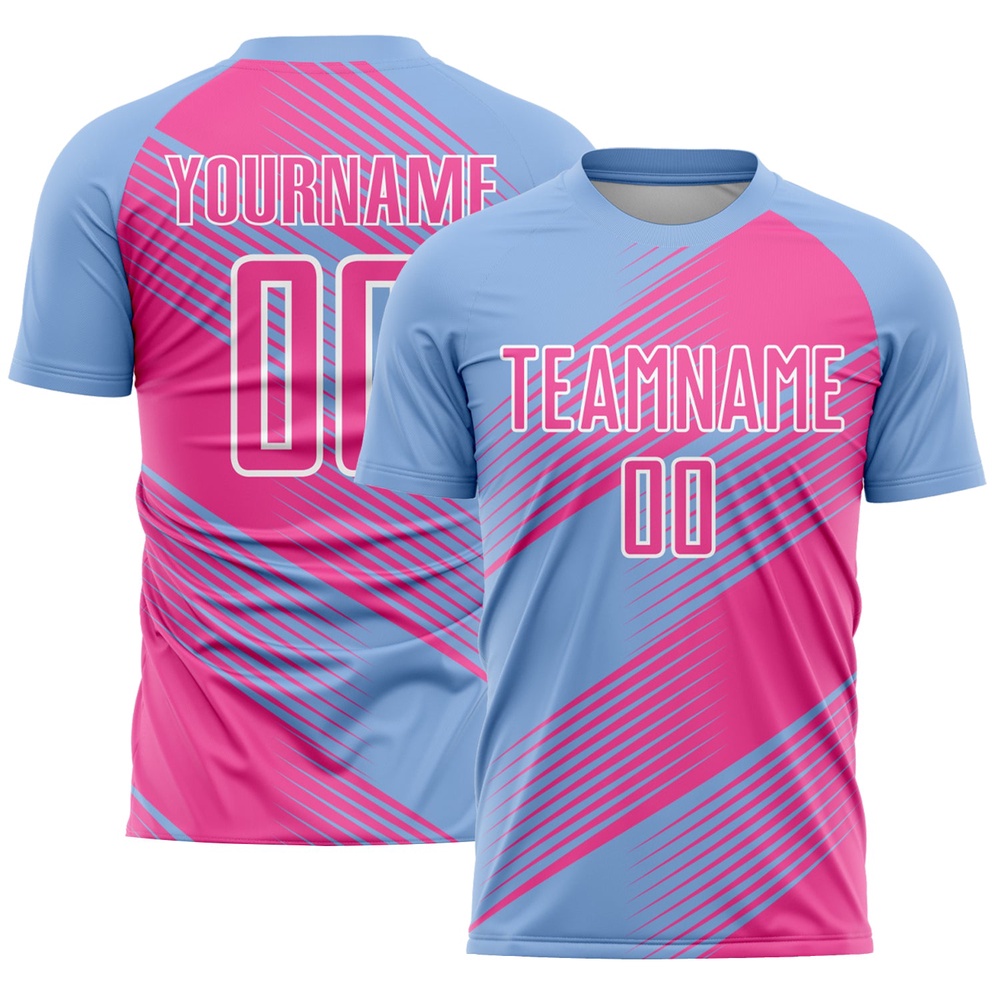 Light Blue Pink White Line Sublimation Soccer Uniform Jersey, Custom Team Soccer Jersey Shirt Light Blue Pink White Line Sublimation Soccer Uniform Jersey, Custom Team Soccer Jersey Shirt