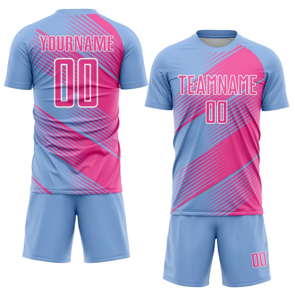 Light Blue Pink White Line Sublimation Soccer Uniform Jersey, Custom Team Soccer Jersey Shirt Light Blue Pink White Line Sublimation Soccer Uniform Jersey, Custom Team Soccer Jersey Shirt