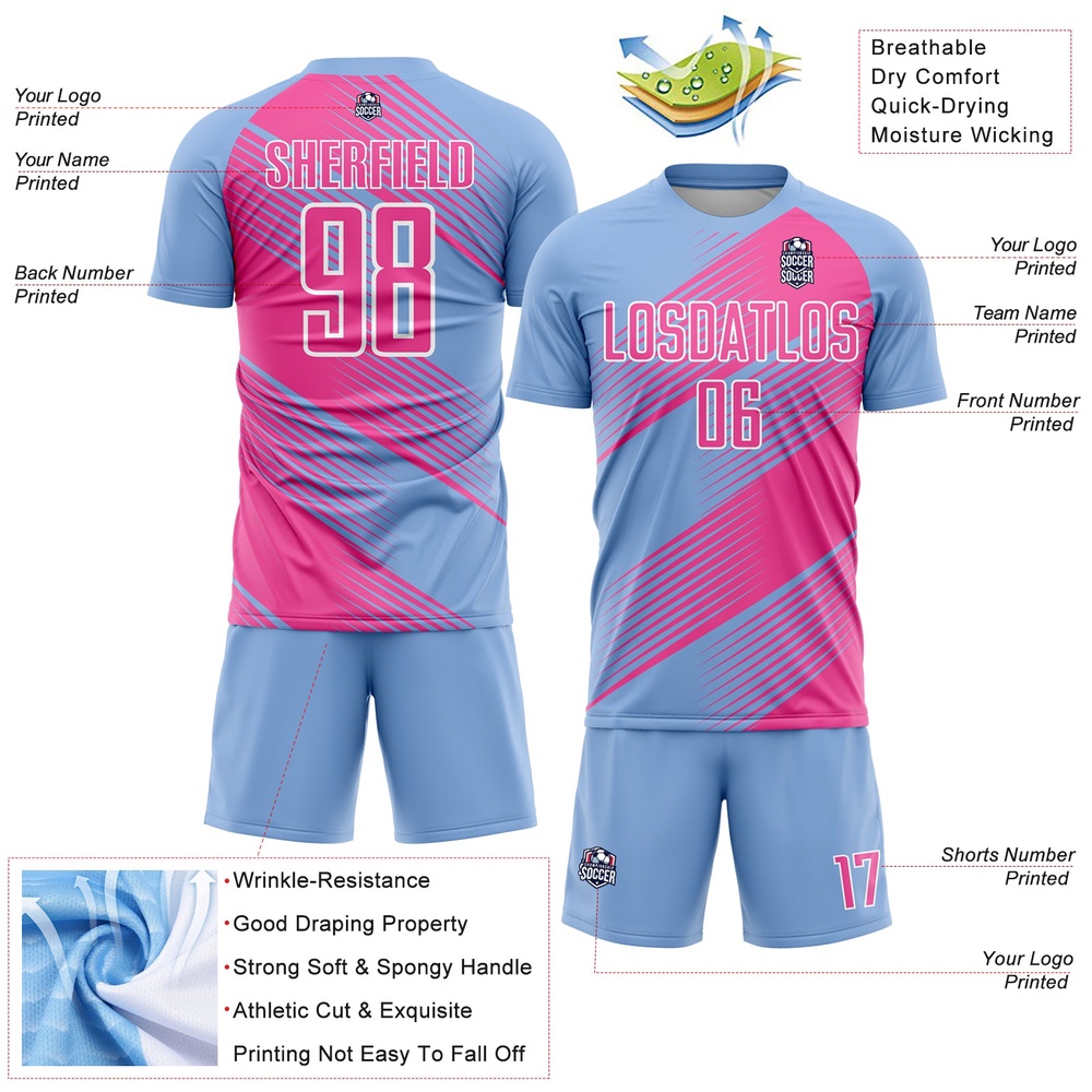 Light Blue Pink White Line Sublimation Soccer Uniform Jersey, Custom Team Soccer Jersey Shirt Light Blue Pink White Line Sublimation Soccer Uniform Jersey, Custom Team Soccer Jersey Shirt