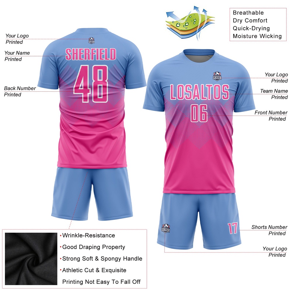 Light Blue Pink White Sublimation Soccer Uniform Jersey, Custom Team Soccer Jersey Shirt Light Blue Pink White Sublimation Soccer Uniform Jersey, Custom Team Soccer Jersey Shirt