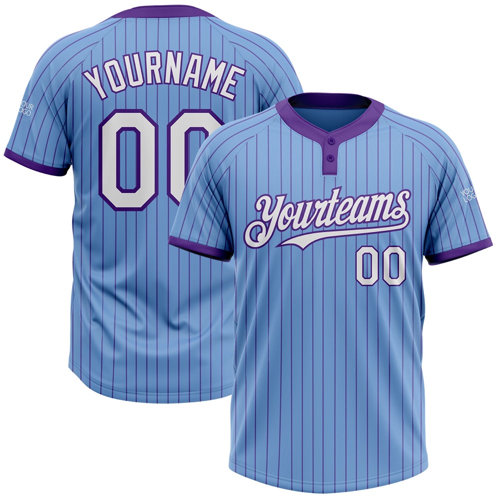 Light Blue Purple Pinstripe White Two Button Unisex Softball Jersey, Custom Team Softball Jersey Light Blue Purple Pinstripe White Two Button Unisex Softball Jersey, Custom Team Softball Jersey
