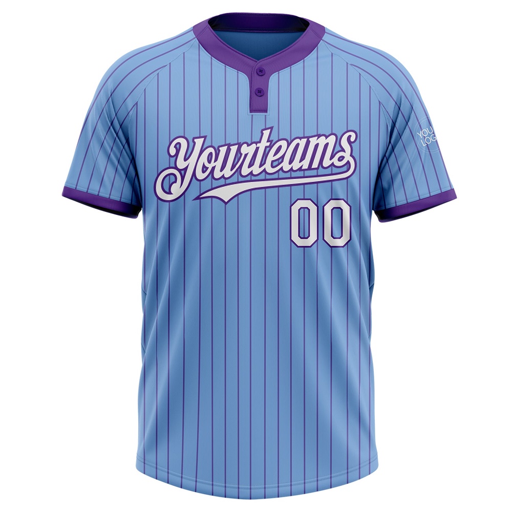 Light Blue Purple Pinstripe White Two Button Unisex Softball Jersey, Custom Team Softball Jersey Light Blue Purple Pinstripe White Two Button Unisex Softball Jersey, Custom Team Softball Jersey