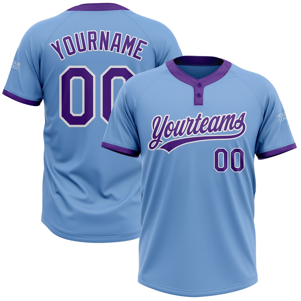 Light Blue Purple White Two Button Unisex Softball Jersey, Custom Team Softball Jersey