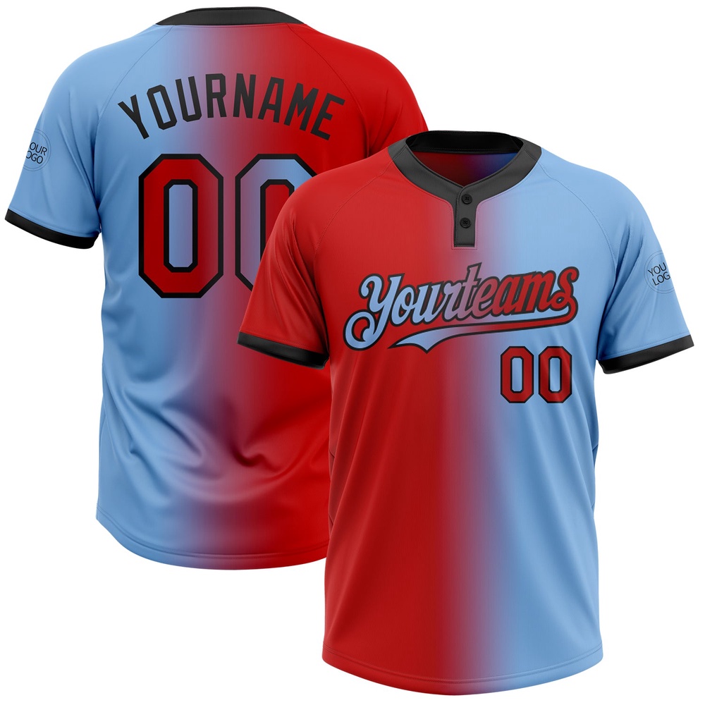 Light Blue Red Black Gradient Fashion Two Button Unisex Softball Jersey, Custom Team Softball Jersey Light Blue Red Black Gradient Fashion Two Button Unisex Softball Jersey, Custom Team Softball Jersey