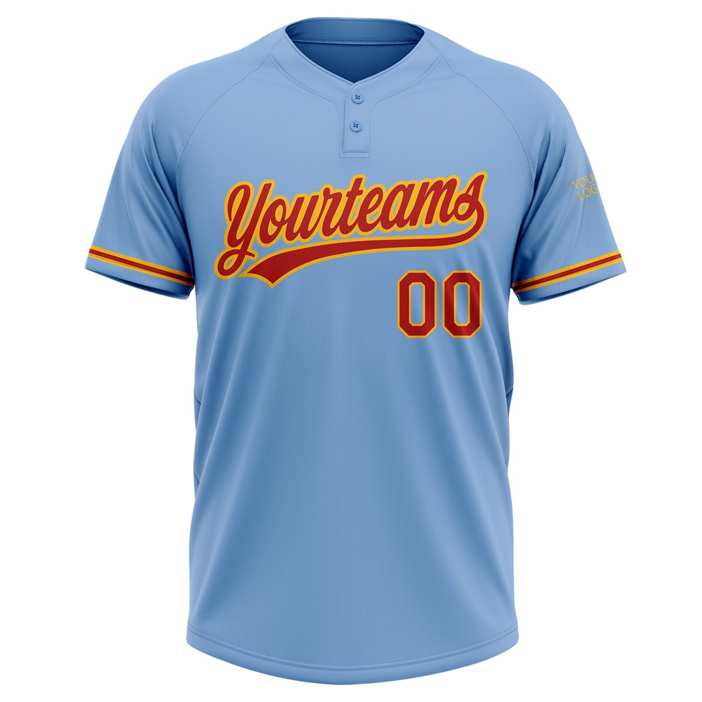 Light Blue Red Gold Two Button Unisex Softball Jersey, Custom Team Softball Jersey Light Blue Red Gold Two Button Unisex Softball Jersey, Custom Team Softball Jersey