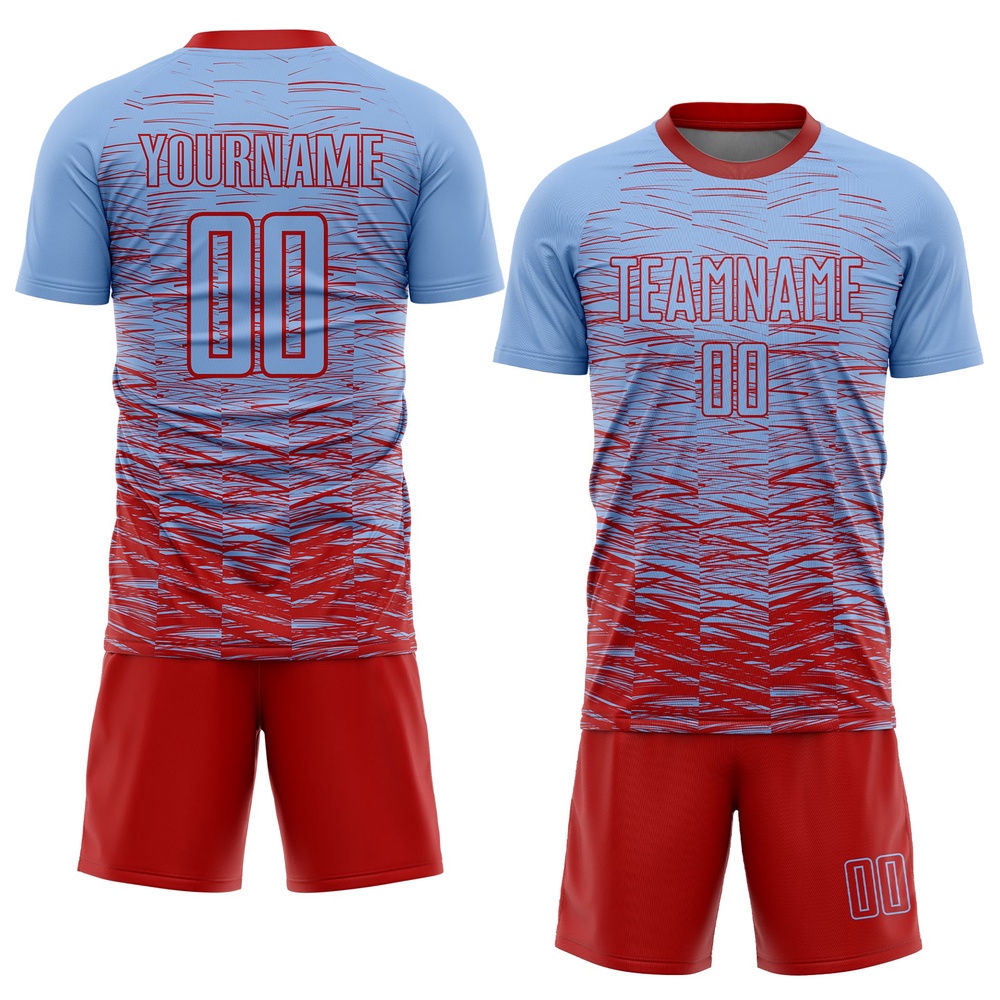 Light Blue Red Sublimation Soccer Uniform Jersey, Custom Team Soccer Jersey Shirt Light Blue Red Sublimation Soccer Uniform Jersey, Custom Team Soccer Jersey Shirt