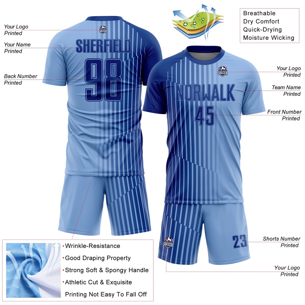Light Blue Royal Lines Sublimation Soccer Uniform Jersey, Custom Team Soccer Jersey Shirt Light Blue Royal Lines Sublimation Soccer Uniform Jersey, Custom Team Soccer Jersey Shirt