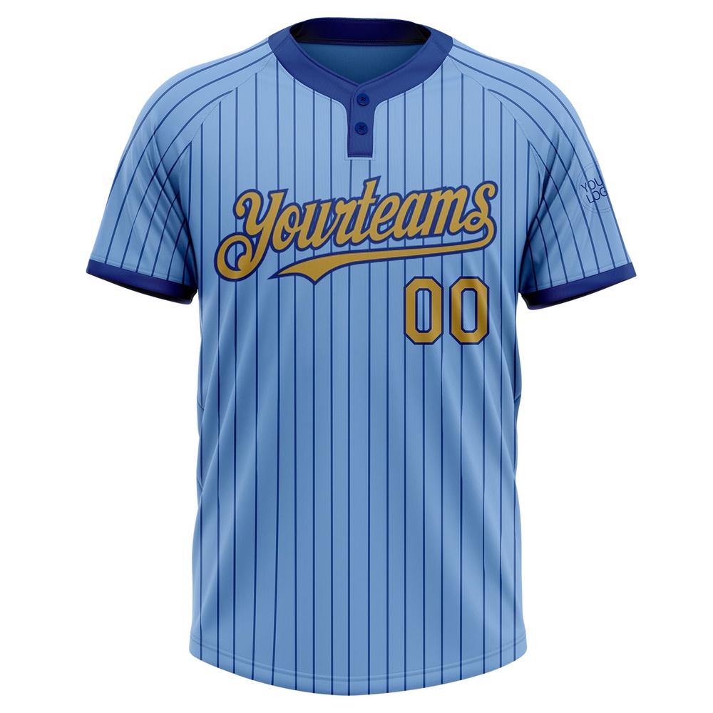 Light Blue Royal Pinstripe Old Gold Two Button Unisex Softball Jersey, Custom Team Softball Jersey