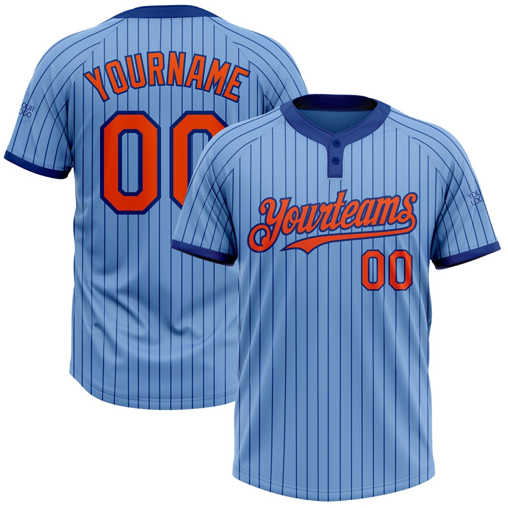 Light Blue Royal Pinstripe Orange Two Button Unisex Softball Jersey, Custom Team Softball Jersey
