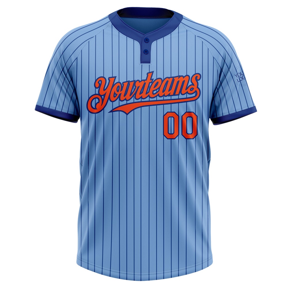 Light Blue Royal Pinstripe Orange Two Button Unisex Softball Jersey, Custom Team Softball Jersey