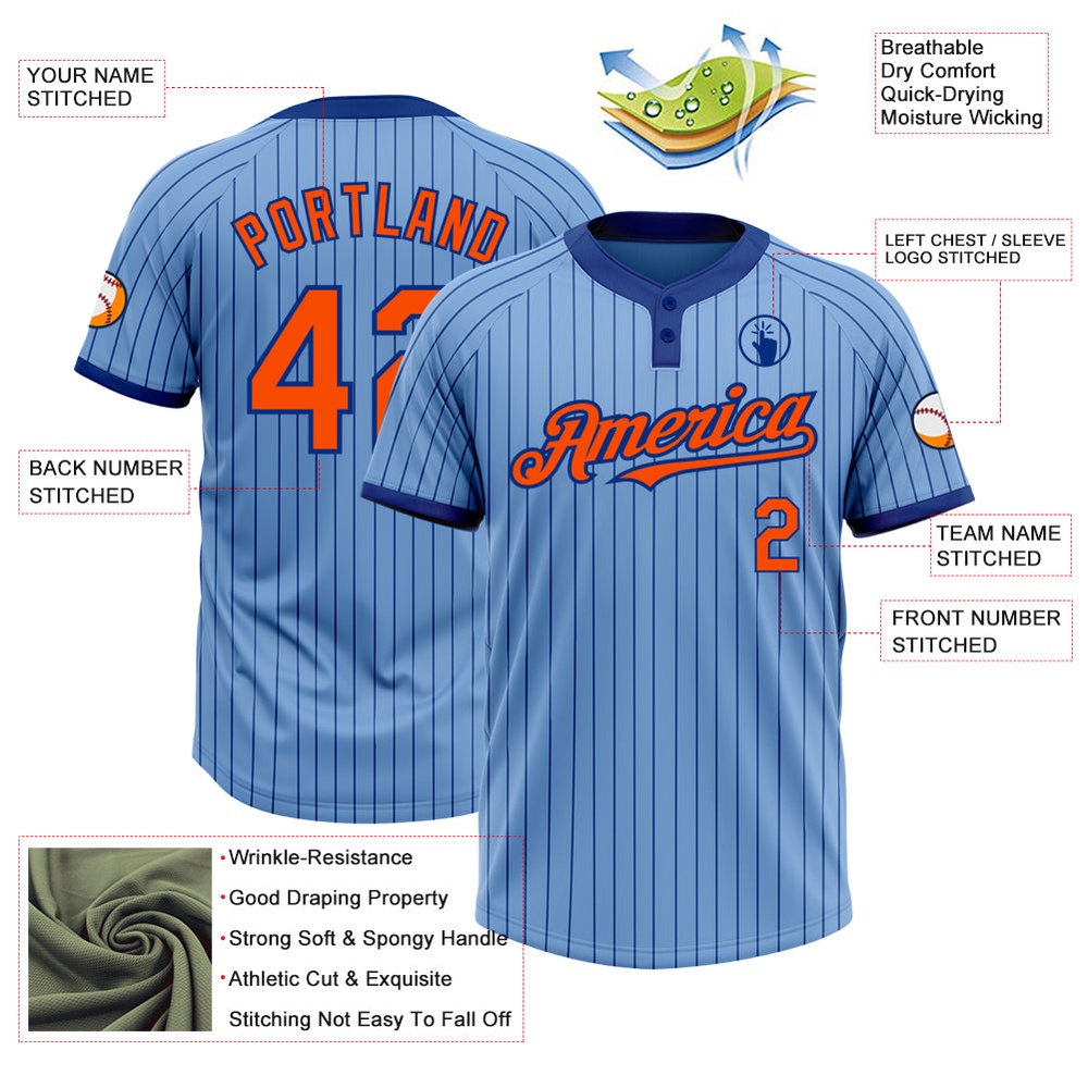 Light Blue Royal Pinstripe Orange Two Button Unisex Softball Jersey, Custom Team Softball Jersey
