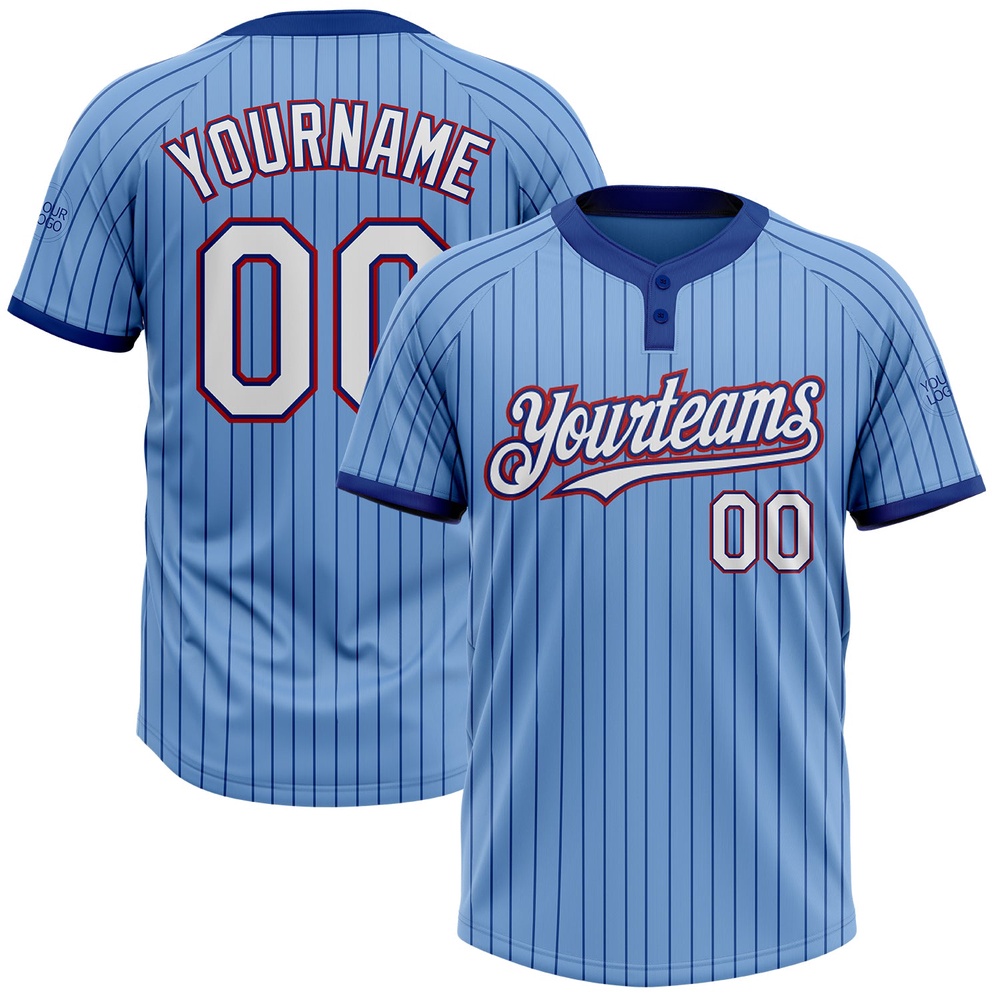 Light Blue Royal Pinstripe White Red Two Button Unisex Softball Jersey, Custom Team Softball Jersey Light Blue Royal Pinstripe White Red Two Button Unisex Softball Jersey, Custom Team Softball Jersey