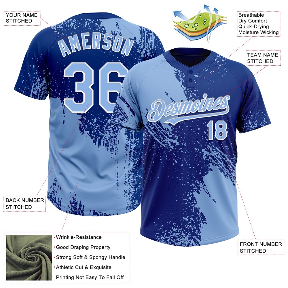 Light Blue Royal White 3D Pattern Abstract Brush Stroke Two Button Unisex Softball Jersey, Custom Team Softball Jersey Light Blue Royal White 3D Pattern Abstract Brush Stroke Two Button Unisex Softball Jersey, Custom Team Softball Jersey