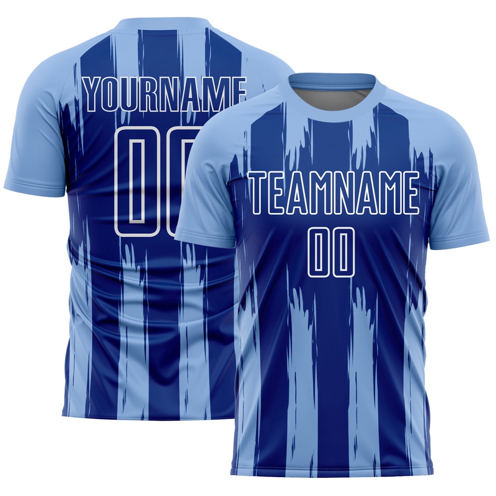 Light Blue Royal White Abstract Stripes Sublimation Soccer Uniform Jersey, Custom Team Soccer Jersey Shirt Light Blue Royal White Abstract Stripes Sublimation Soccer Uniform Jersey, Custom Team Soccer Jersey Shirt