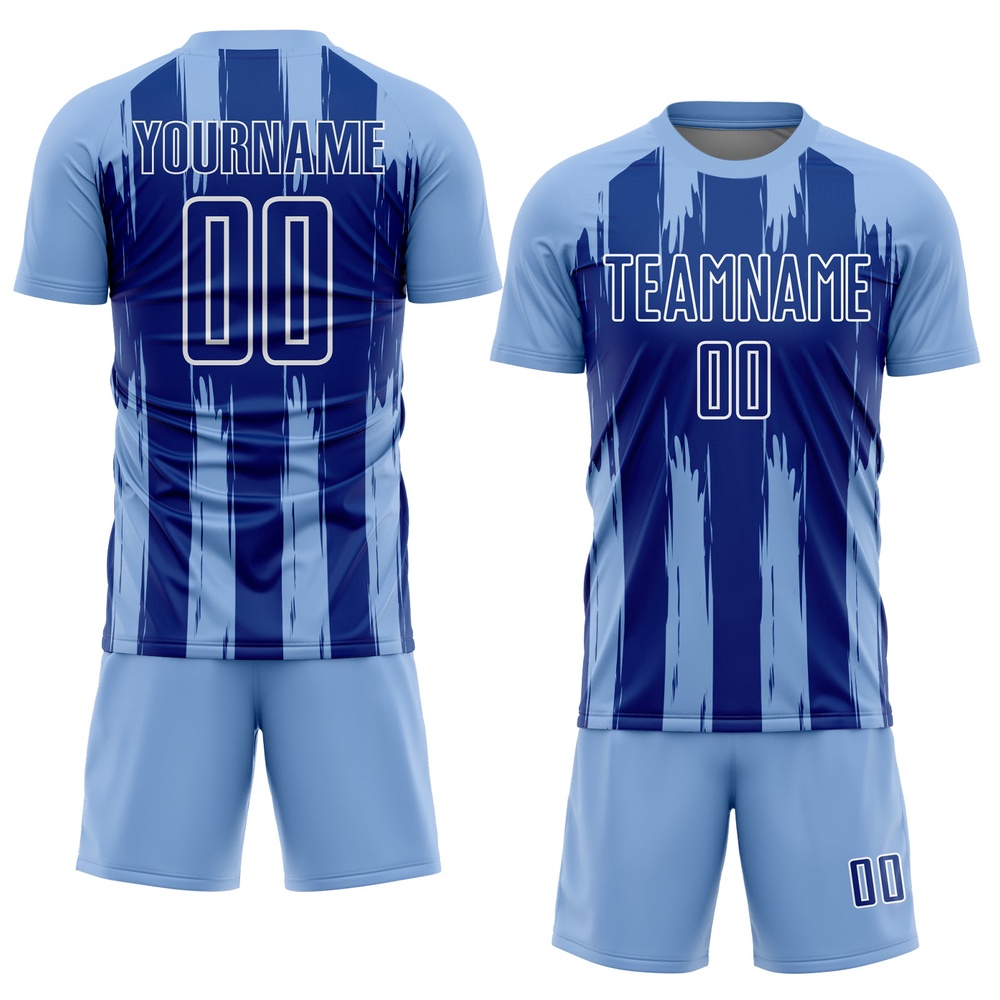 Light Blue Royal White Abstract Stripes Sublimation Soccer Uniform Jersey, Custom Team Soccer Jersey Shirt Light Blue Royal White Abstract Stripes Sublimation Soccer Uniform Jersey, Custom Team Soccer Jersey Shirt