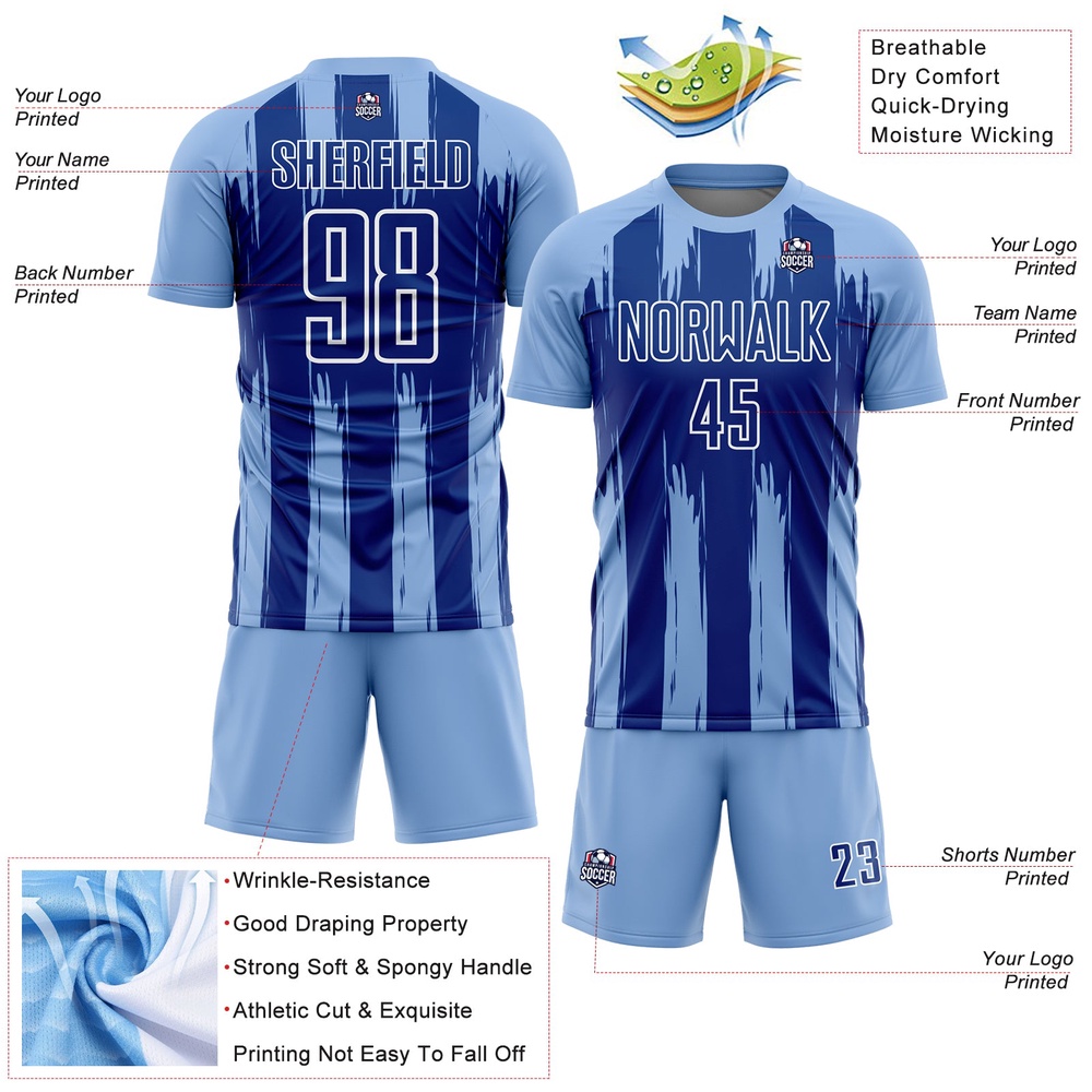 Light Blue Royal White Abstract Stripes Sublimation Soccer Uniform Jersey, Custom Team Soccer Jersey Shirt Light Blue Royal White Abstract Stripes Sublimation Soccer Uniform Jersey, Custom Team Soccer Jersey Shirt