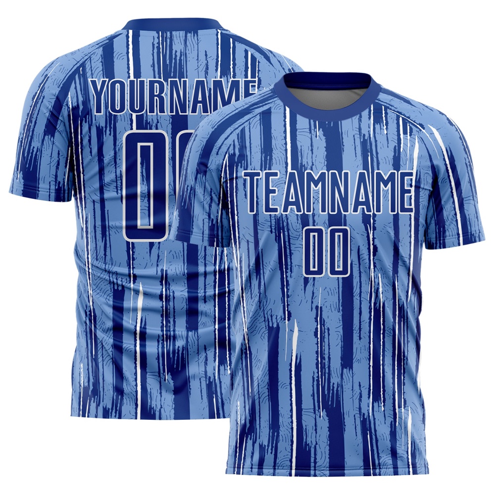 Light Blue Royal White Pinstripe Sublimation Soccer Uniform Jersey, Custom Team Soccer Jersey Shirt Light Blue Royal White Pinstripe Sublimation Soccer Uniform Jersey, Custom Team Soccer Jersey Shirt