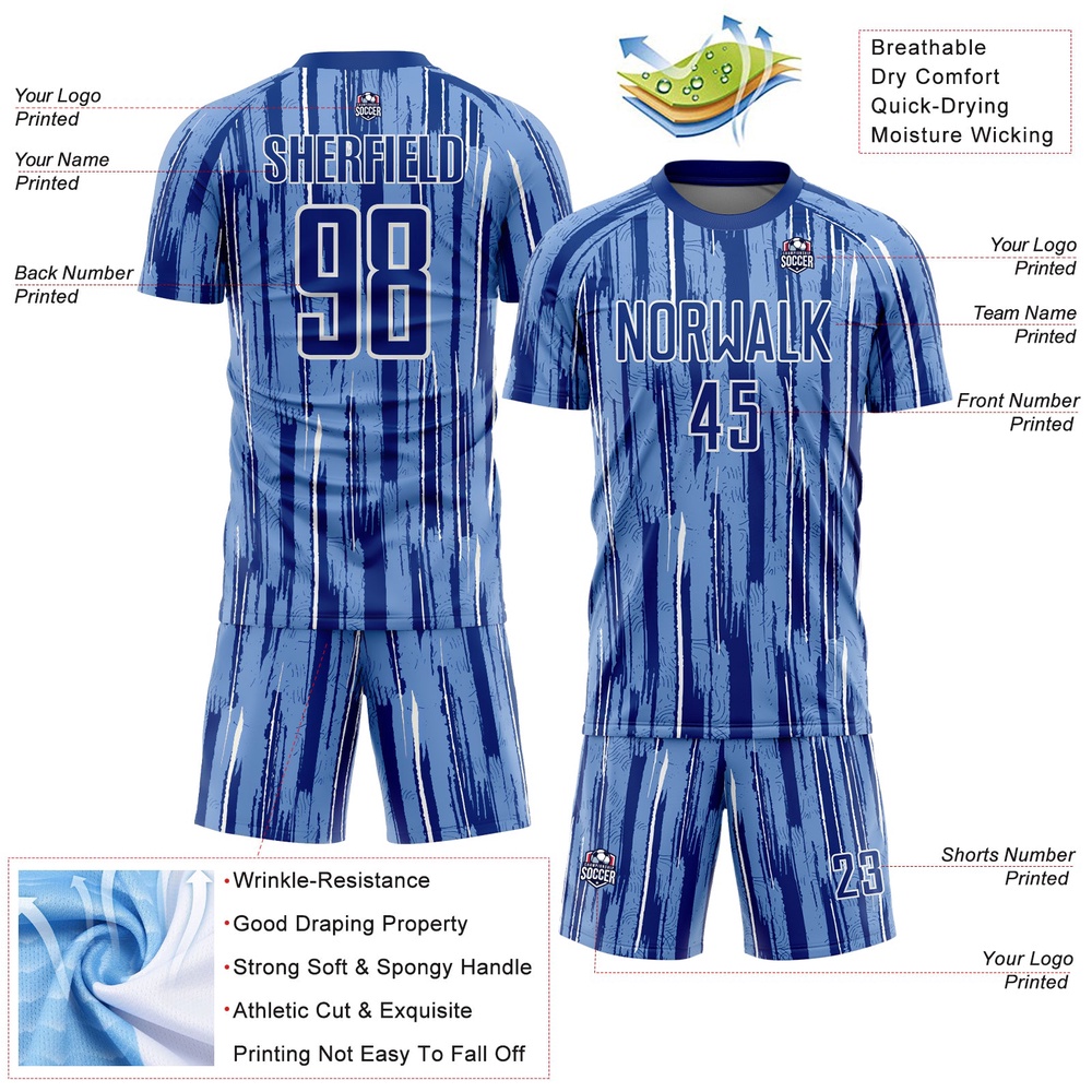 Light Blue Royal White Pinstripe Sublimation Soccer Uniform Jersey, Custom Team Soccer Jersey Shirt Light Blue Royal White Pinstripe Sublimation Soccer Uniform Jersey, Custom Team Soccer Jersey Shirt