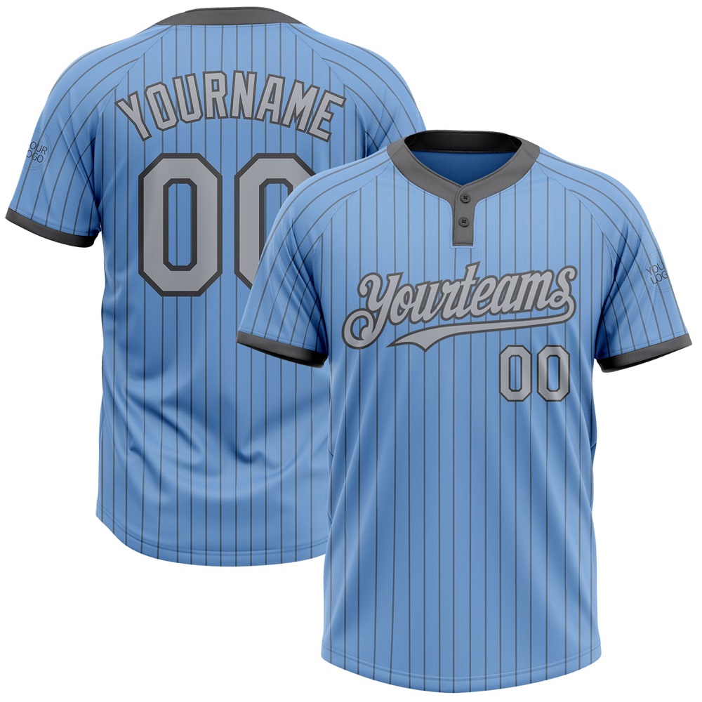Light Blue Steel Gray Pinstripe Gray Two Button Unisex Softball Jersey, Custom Team Softball Jersey Light Blue Steel Gray Pinstripe Gray Two Button Unisex Softball Jersey, Custom Team Softball Jersey
