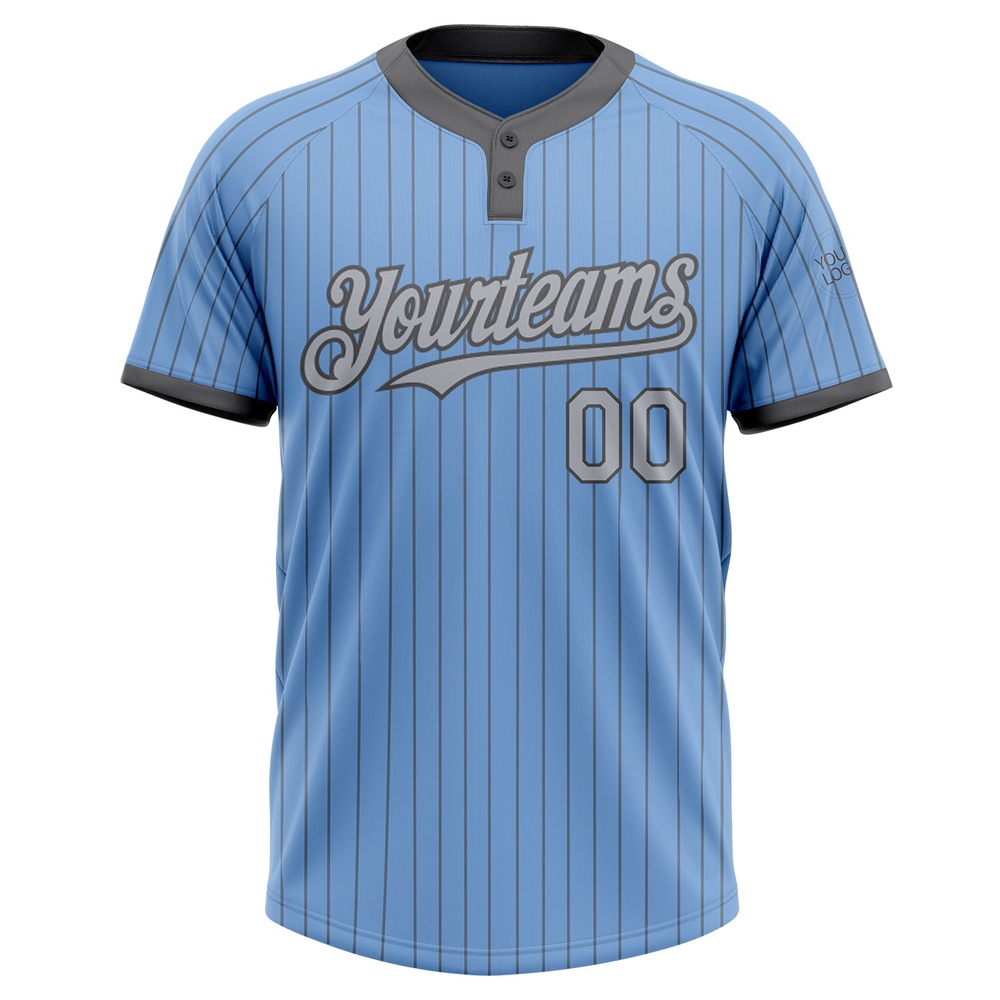 Light Blue Steel Gray Pinstripe Gray Two Button Unisex Softball Jersey, Custom Team Softball Jersey Light Blue Steel Gray Pinstripe Gray Two Button Unisex Softball Jersey, Custom Team Softball Jersey
