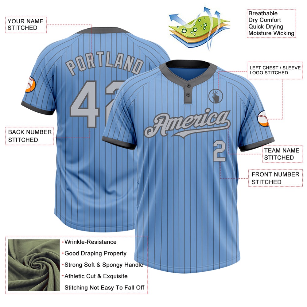 Light Blue Steel Gray Pinstripe Gray Two Button Unisex Softball Jersey, Custom Team Softball Jersey Light Blue Steel Gray Pinstripe Gray Two Button Unisex Softball Jersey, Custom Team Softball Jersey